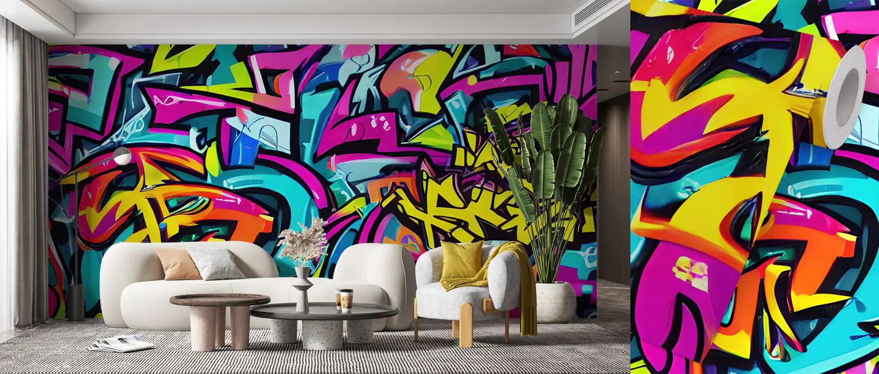 bright-graffiti-style-mural-in-a-modern-living-room-highlighting-bold-urban-wallpaper-for-small-spaces Bright, graffiti-style mural in a modern living room, highlighting bold urban wallpaper for small spaces.