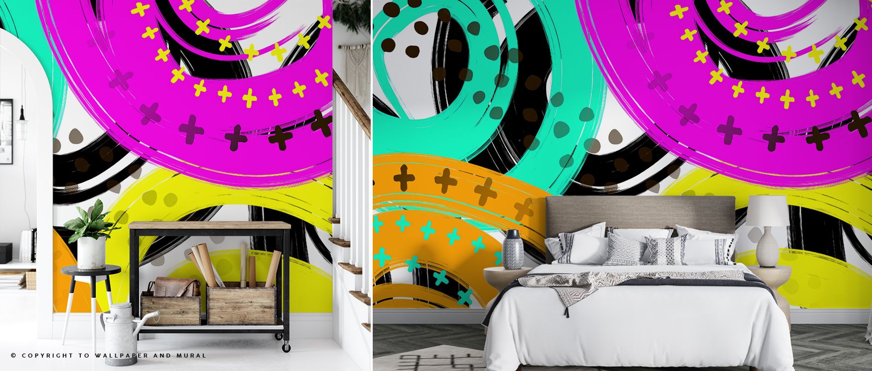 colorful-abstract-mural-featuring-bold-patterns-in-pink-yellow-and-teal-showcasing-vibrant-bright-wallpaper-trends Colorful abstract mural featuring bold patterns in pink, yellow, and teal, showcasing vibrant bright wallpaper trends.