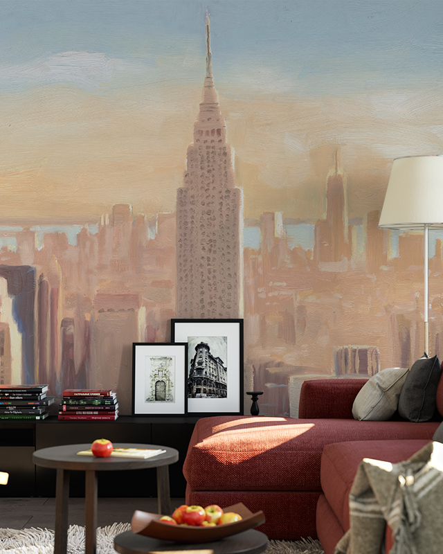 Empire State Building mural in soft pastel tones, enhancing a cozy lounge, ideal urban wallpaper for commercial spaces.
