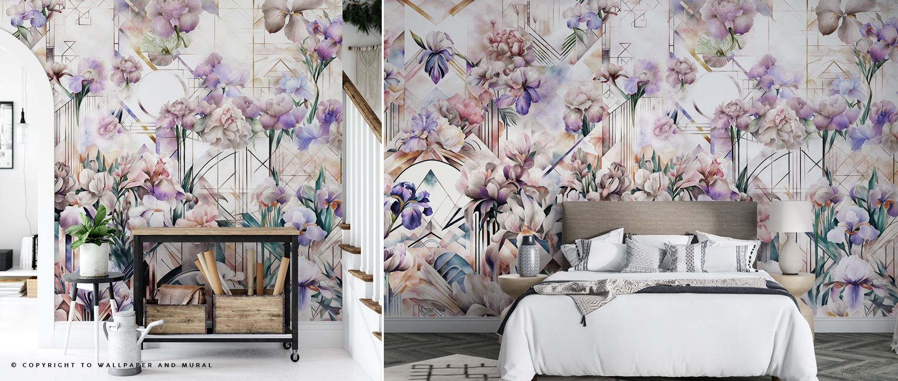 floral-and-geometric-mural-in-a-bedroom-and-hallway-showcasing-types-of-bright-wallpaper-designs-for-home-decor Floral and geometric mural in a bedroom and hallway, showcasing types of bright wallpaper designs for home decor.