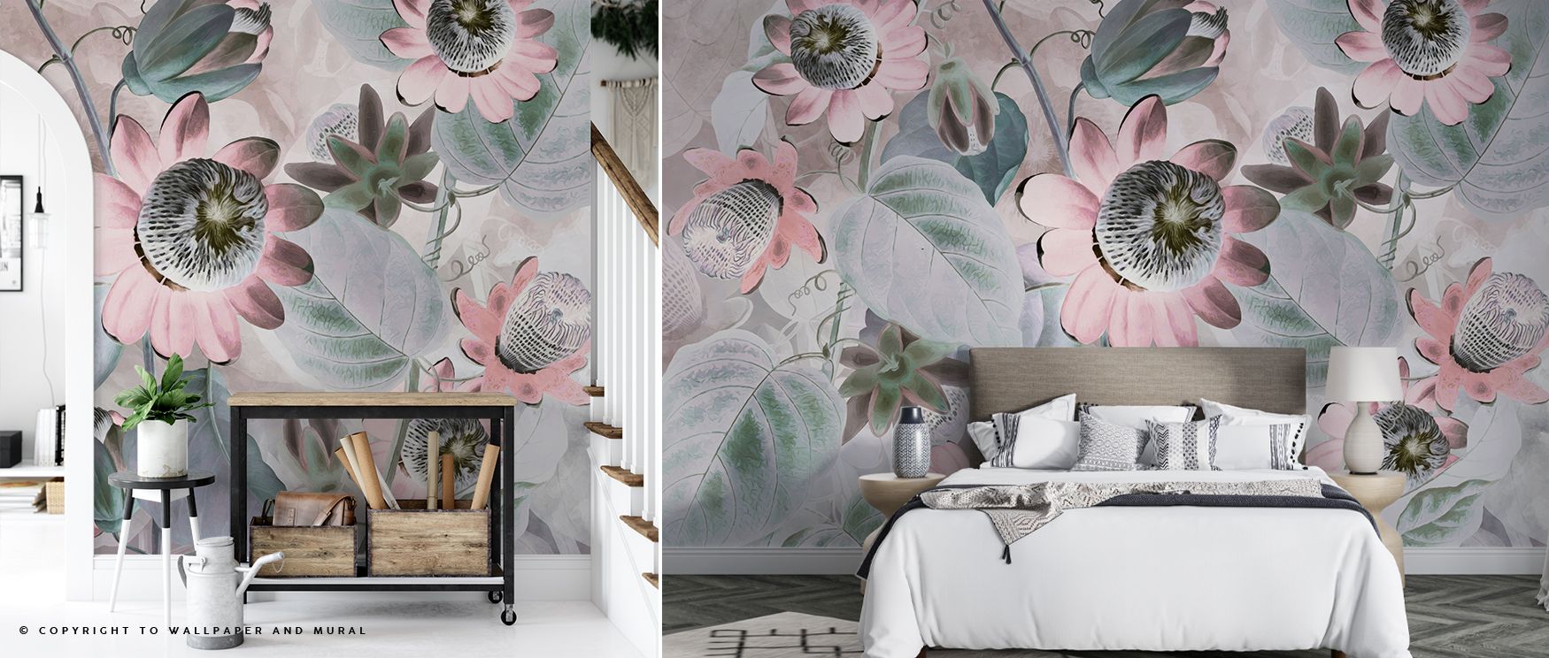Floral wallpaper with large pink flowers and green leaves in a modern bedroom, showcasing room-by-room bright wallpaper ideas.