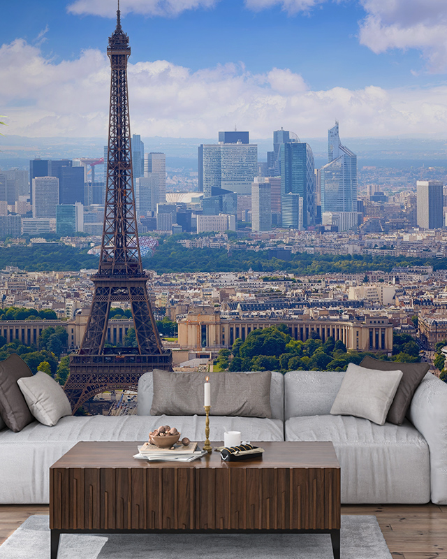 gray-sofa-and-wooden-coffee-table-in-front-of-eiffel-tower-mural-showcasing-bright-wallpaper-for-different-design-styles Gray sofa and wooden coffee table in front of Eiffel Tower mural, showcasing bright wallpaper for different design styles.
