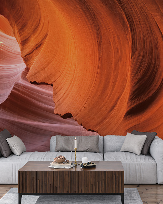 gray-sofa-and-wooden-coffee-table-placed-in-front-of-a-vibrant-canyon-themed-mural-featuring-bright-wallpaper-for-small-spaces Gray sofa and wooden coffee table placed in front of a vibrant canyon-themed mural, featuring bright wallpaper for small spaces.