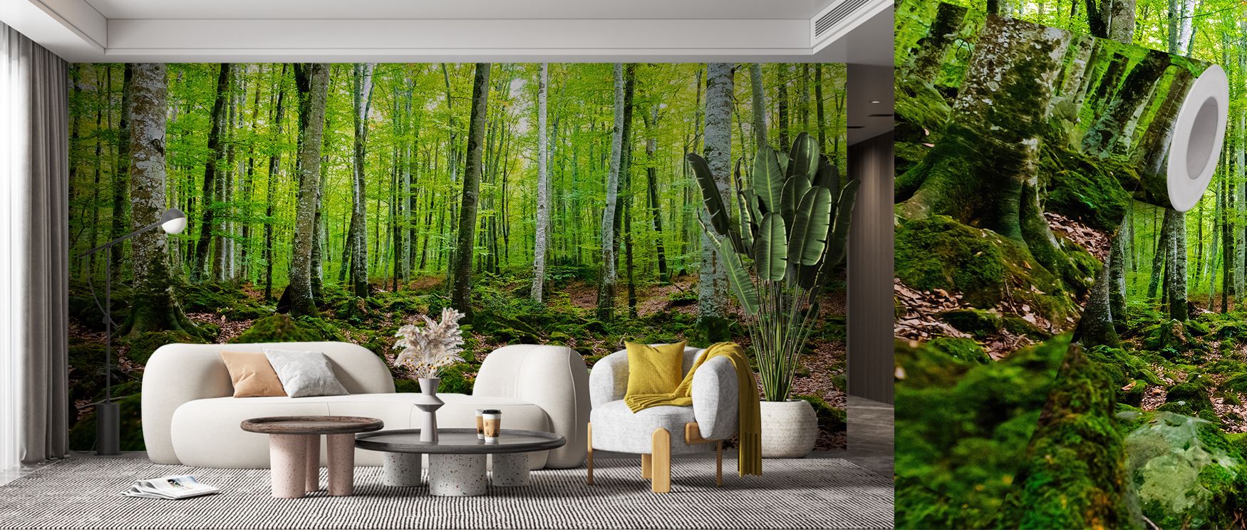 living-room-featuring-a-vibrant-forest-mural-with-lush-greenery-illustrating-current-bright-wallpaper-trends Living room featuring a vibrant forest mural with lush greenery, illustrating current bright wallpaper trends.