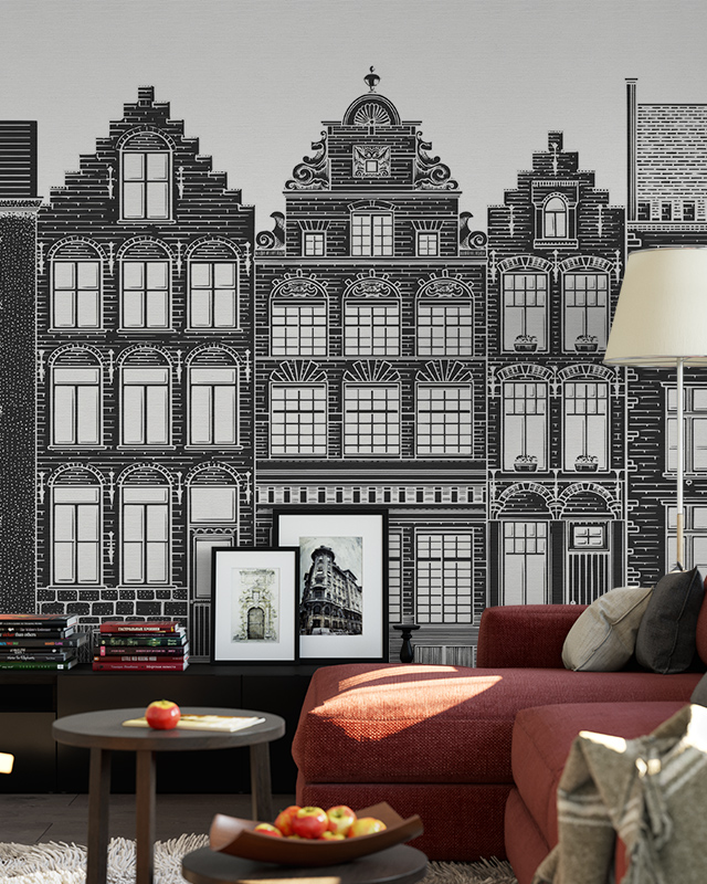 Living room with a black-and-white mural of historic European-style buildings, showcasing elegant types of urban wallpaper designs.