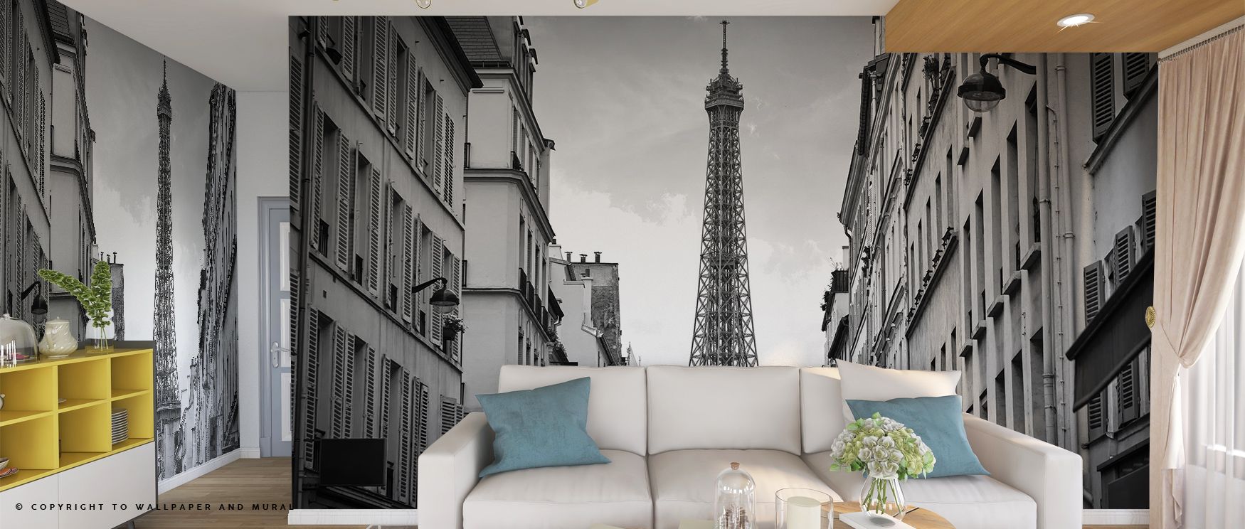 Living room with a black-and-white Paris mural, showcasing urban industrial vs. urban chic wallpaper styles.