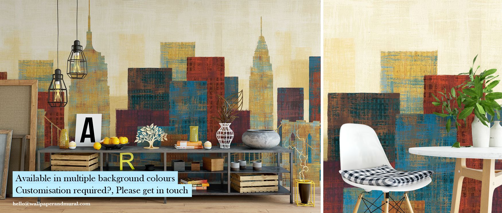 Living room with a colorful, abstract cityscape mural, highlighting the contrast between urban industrial vs. urban chic wallpaper styles.