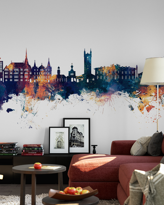 Living room with a colorful watercolor-style city skyline mural, showcasing creative types of urban wallpaper designs.