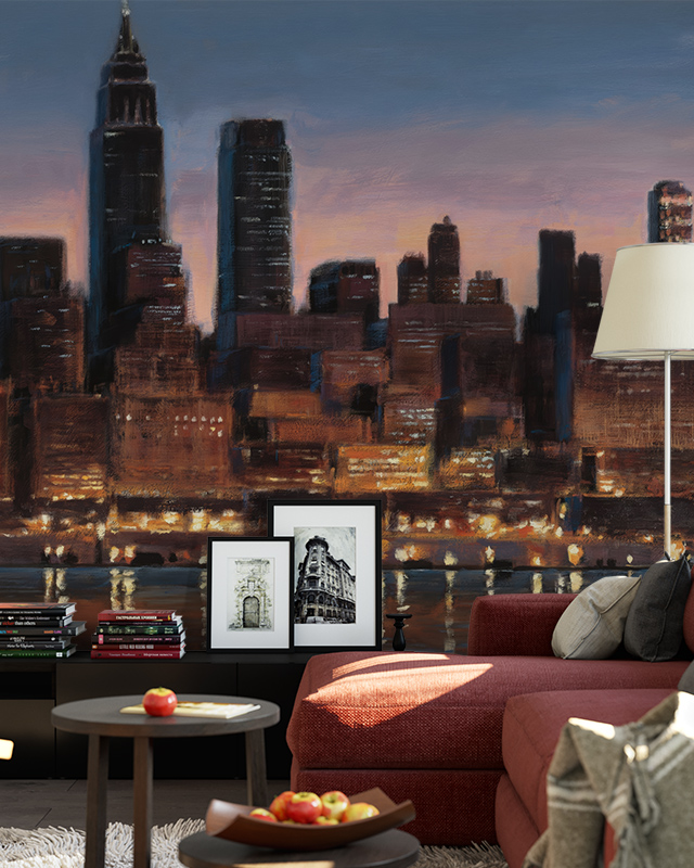 Living room with a mural of a city skyline at dusk, featuring glowing lights reflecting on water, showcasing types of urban wallpaper designs.
