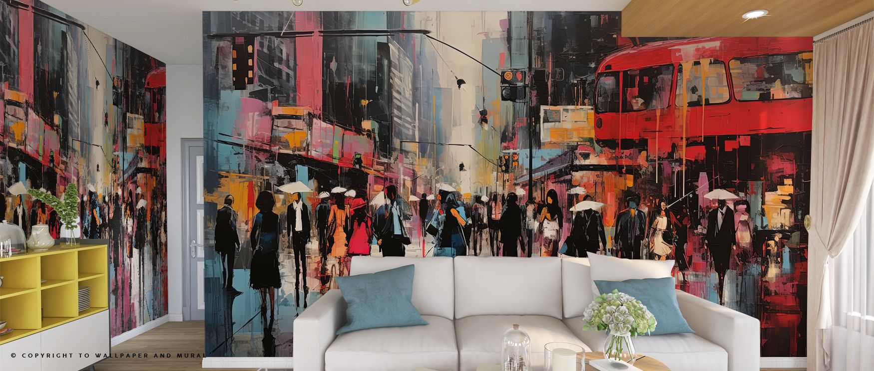Living room with a vibrant mural depicting a busy city street scene, featuring abstract figures and buildings, showcasing types of urban wallpaper designs.