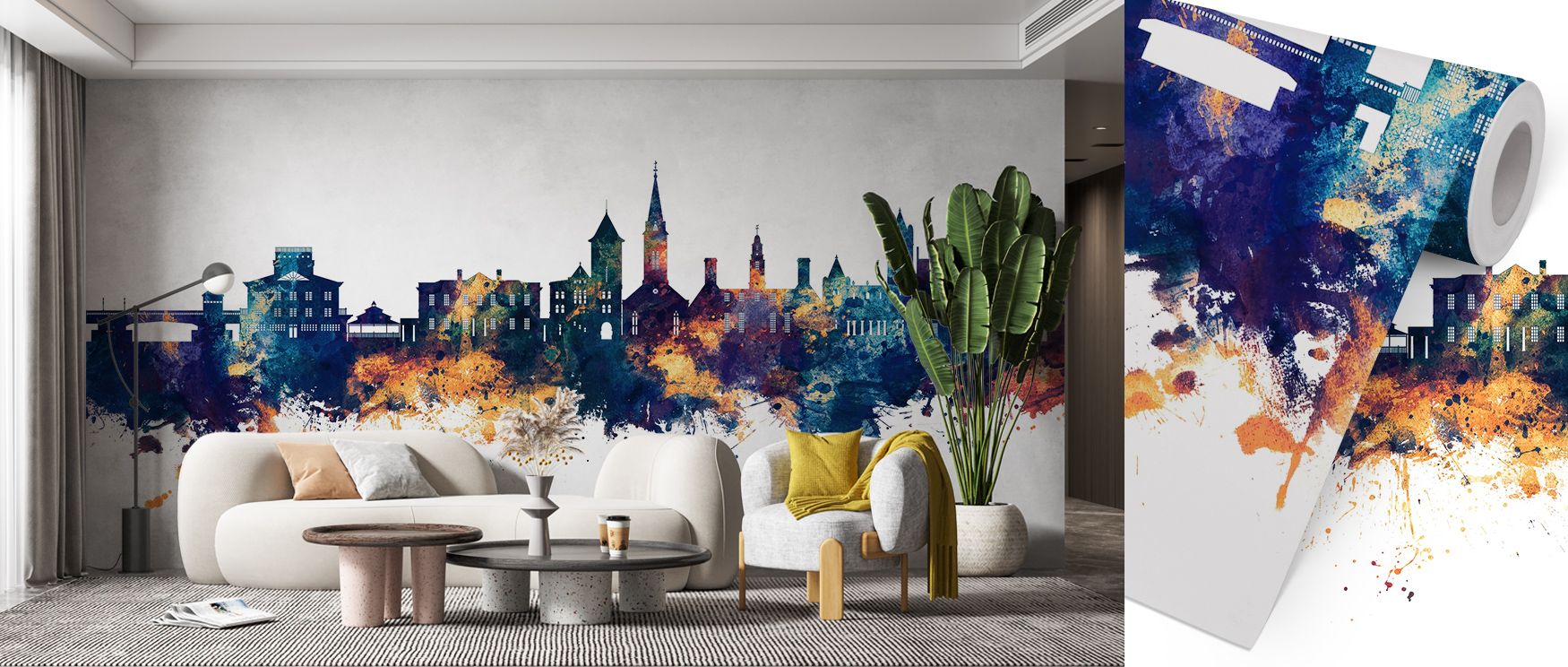 Living room with abstract cityscape mural in bold colors, showcasing urban industrial vs. urban chic wallpaper design.