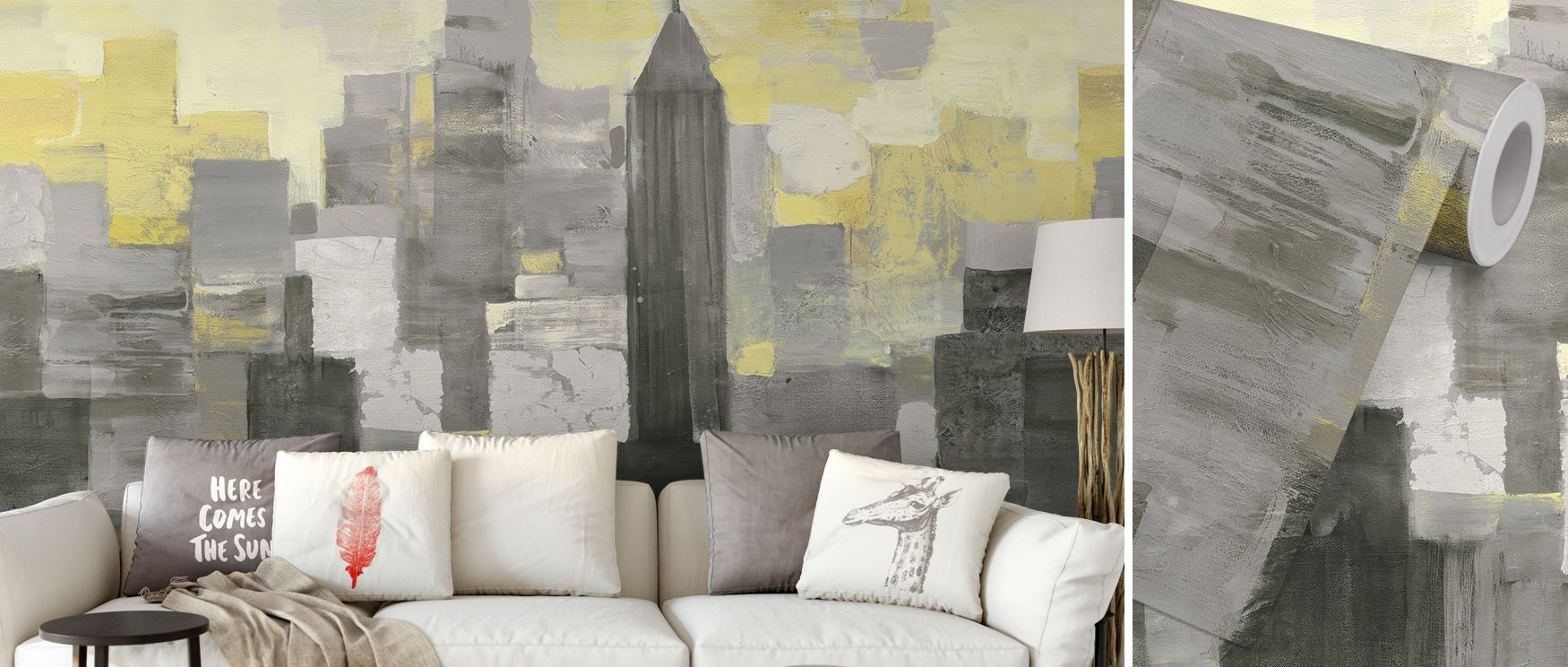 Living room with abstract cityscape mural in muted gray and yellow tones, showcasing the contrast between urban industrial vs. urban chic wallpaper