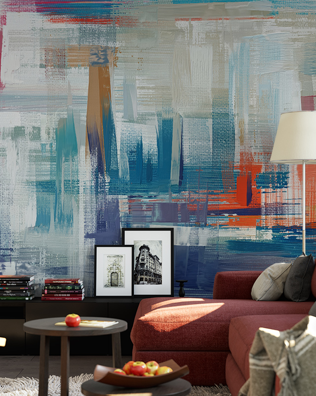 Living room with an abstract, brushstroke-style mural in blue, orange, and gray tones, showcasing types of urban wallpaper designs.
