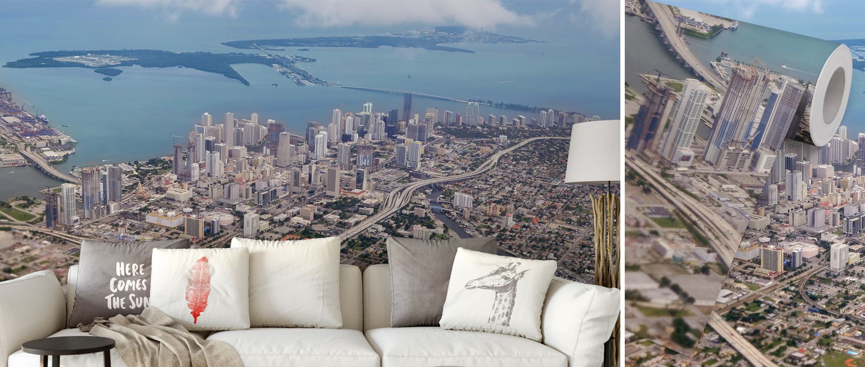 Living room with an aerial cityscape mural featuring skyscrapers and waterways, illustrating urban industrial vs. urban chic wallpaper styles.