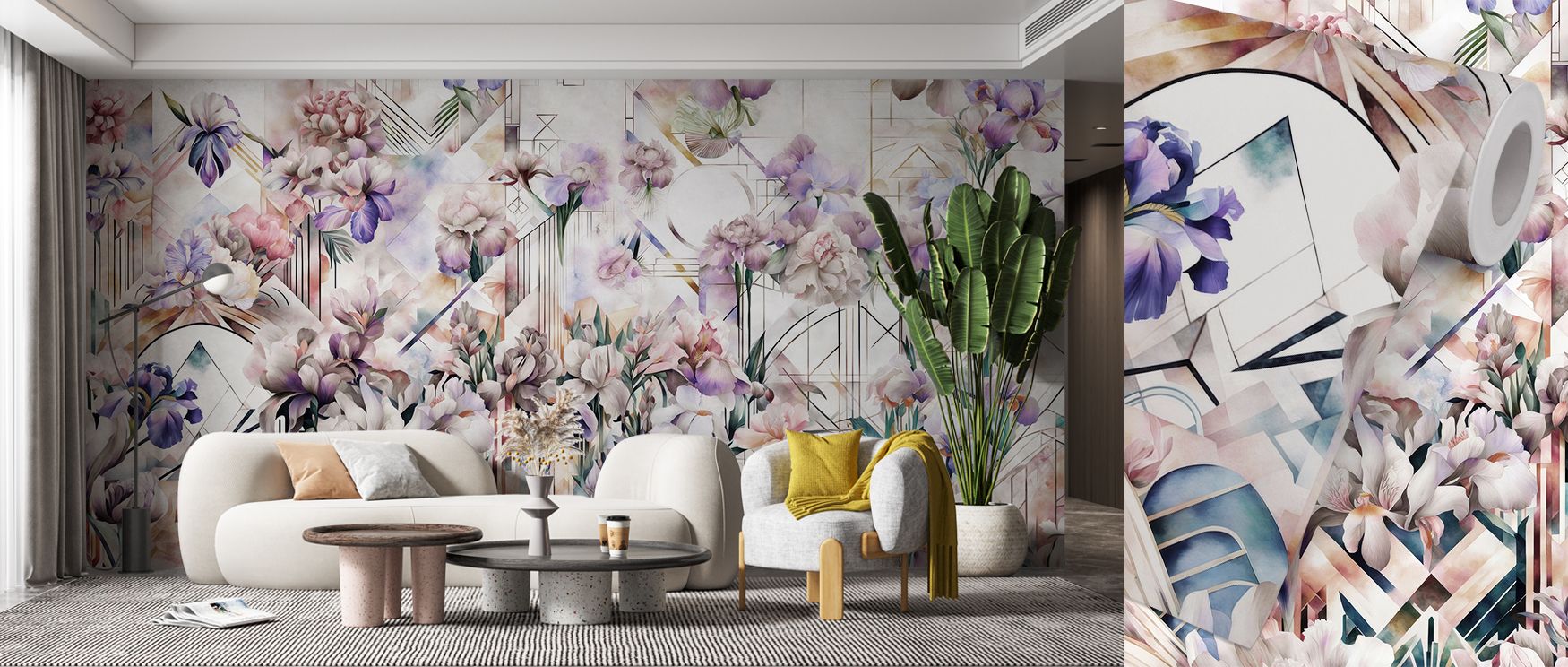 Living room with floral and geometric-patterned wallpaper, showcasing room-by-room bright wallpaper ideas for bold decor.