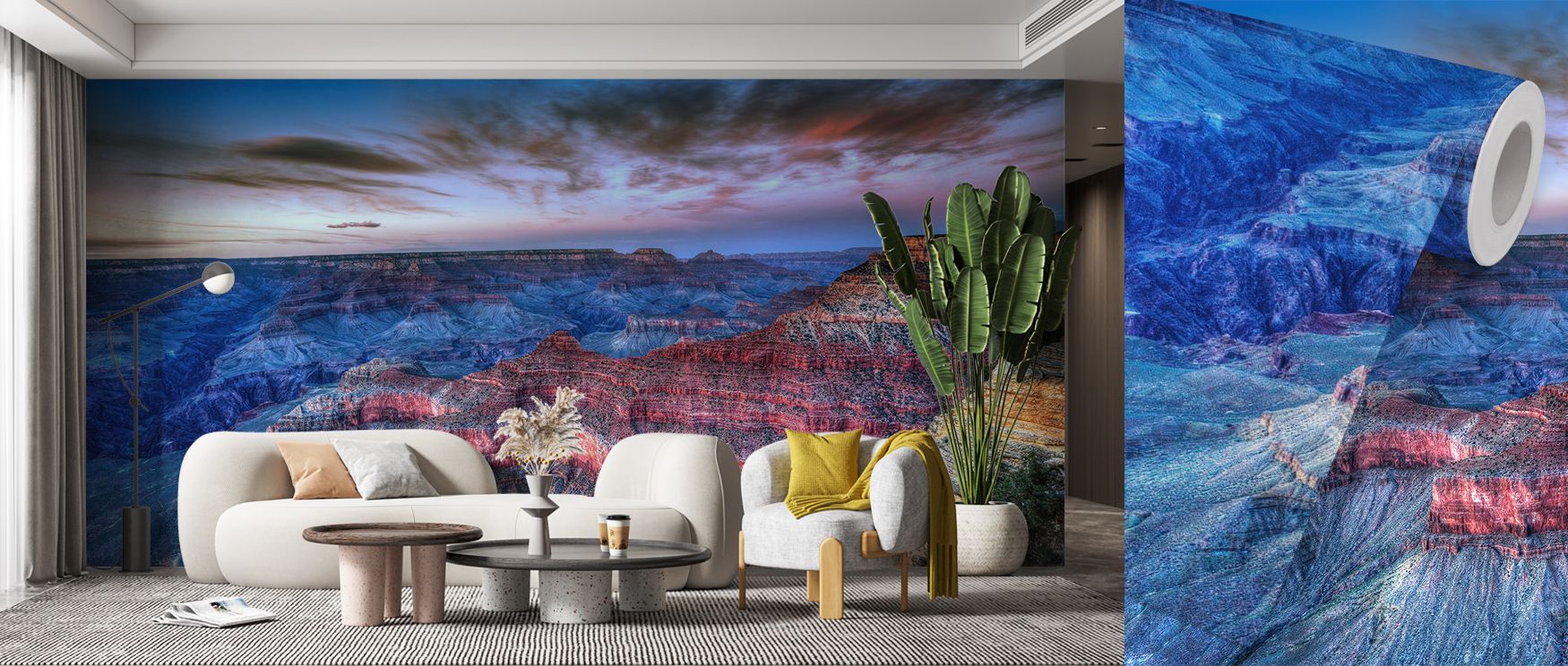 living-room-with-stunning-grand-canyon-mural-wallpaper-showcasing-types-of-bright-wallpaper-designs-with-vivid-landscapes Living room with stunning Grand Canyon mural wallpaper, showcasing types of bright wallpaper designs with vivid landscapes.