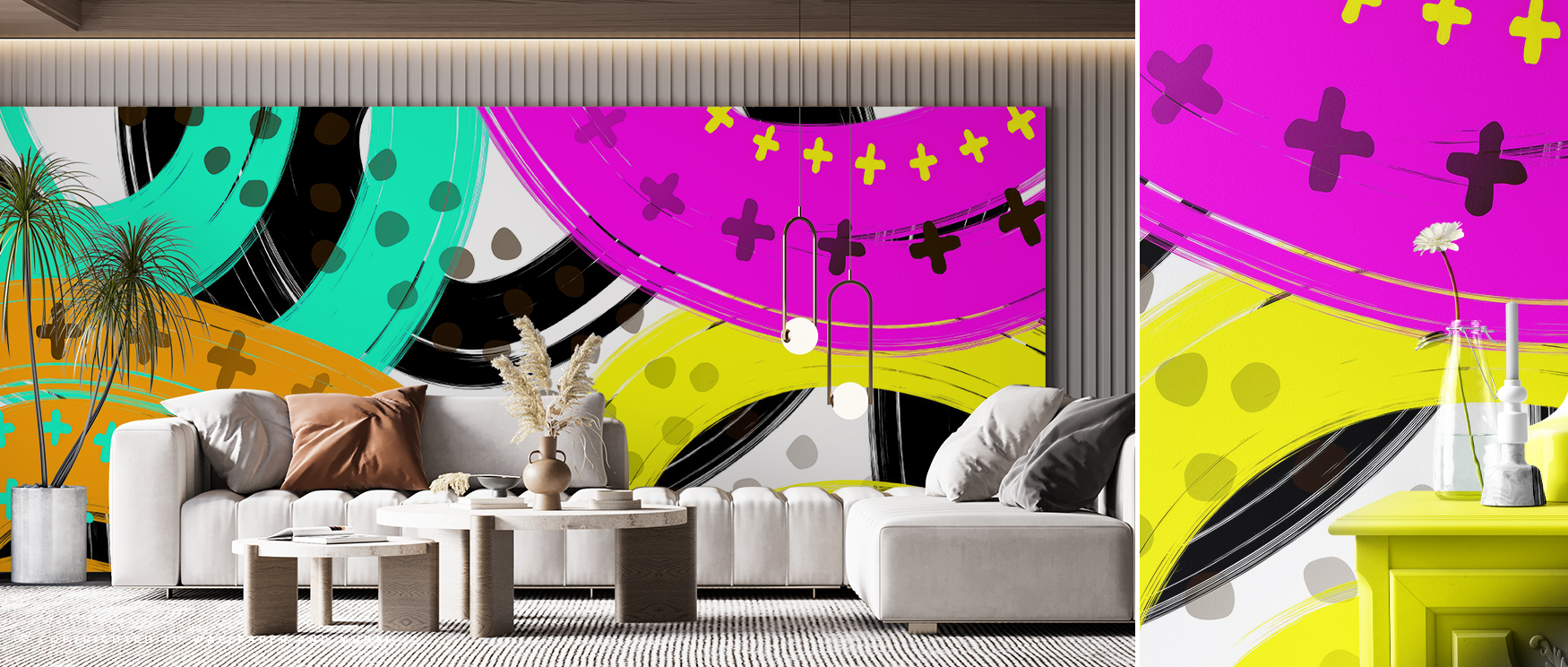 Modern living room with a white sofa and abstract bright wallpaper for different design styles featuring bold colors and shapes.