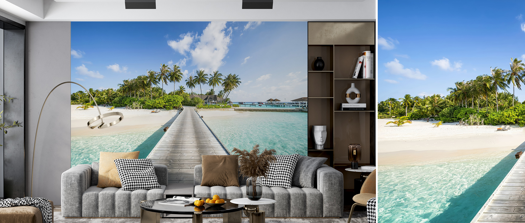 Modern living room with tropical-themed bright wallpaper on accent walls, featuring a boardwalk, palm trees, and turquoise water.