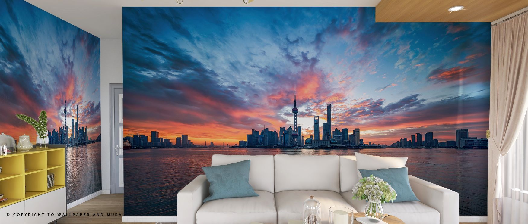 Panoramic sunset skyline mural of a city by the water, an ideal urban wallpaper for commercial spaces.