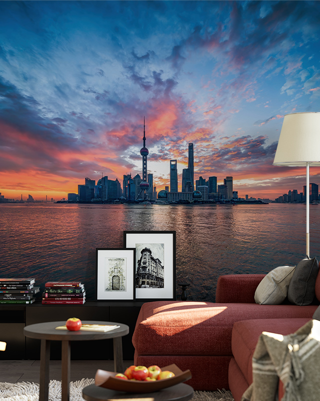 shanghai-skyline-at-sunset-wallpaper-in-a-cozy-living-area-a-stunning-urban-wallpaper-for-open-concept-spaces Shanghai skyline at sunset wallpaper in a cozy living area, a stunning urban wallpaper for open-concept spaces.