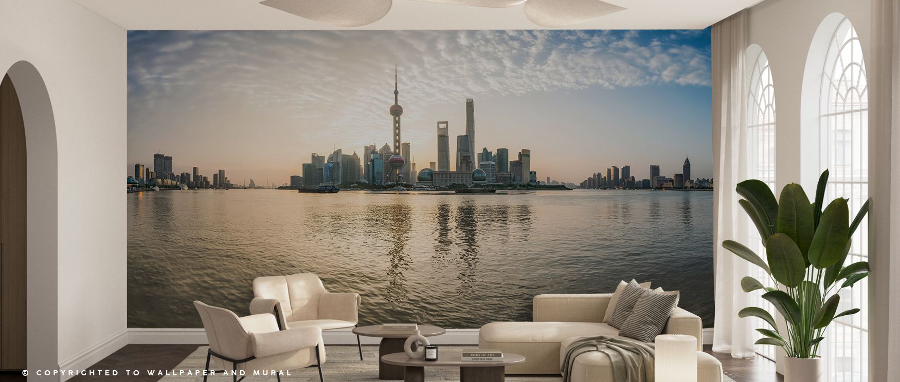 skyline-wallpaper-featuring-modern-city-buildings-reflecting-on-the-water-at-sunset-ideal-urban-wallpaper-for-different-room-types Skyline wallpaper featuring modern city buildings reflecting on the water at sunset, ideal urban wallpaper for different room types.