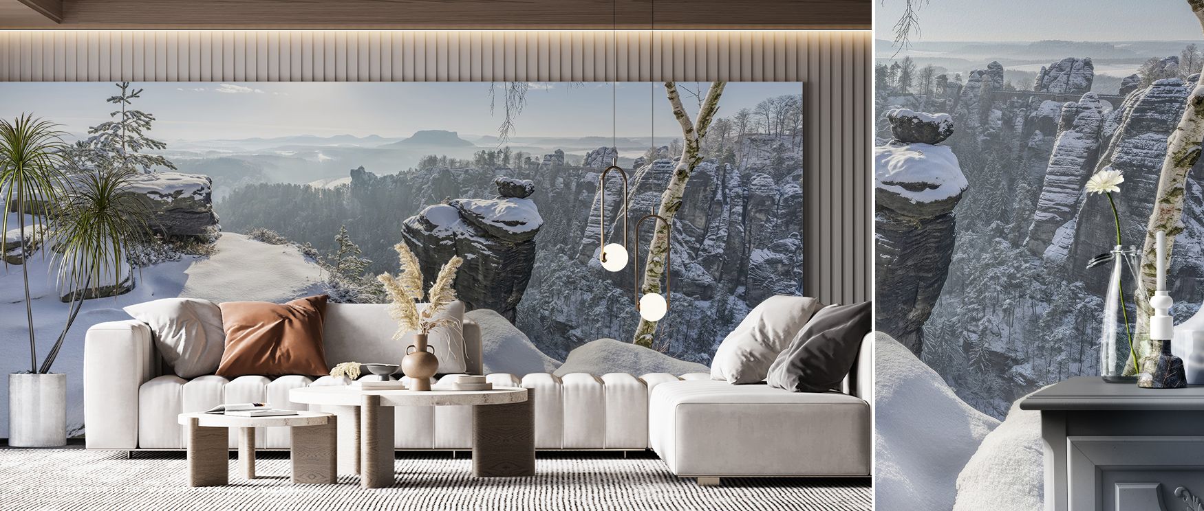 Snowy mountain landscape wallpaper in a living room, showcasing room-by-room bright wallpaper ideas for a serene ambiance.