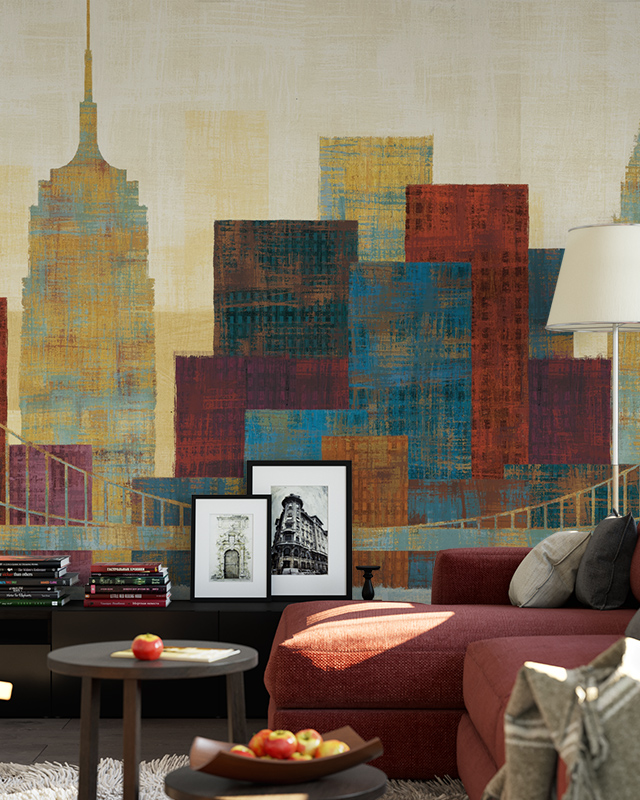 textured-mural-of-abstract-skyscrapers-in-earthy-tones-illustrating-current-urban-wallpaper-trends-for-modern-interiors Textured mural of abstract skyscrapers in earthy tones, illustrating current urban wallpaper trends for modern interiors.