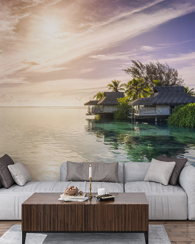 tropical-sunset-overwater-bungalows-as-bright-wallpaper-on-accent-walls-creating-a-serene-luxurious-ambiance Tropical sunset overwater bungalows as bright wallpaper on accent walls, creating a serene, luxurious ambiance.