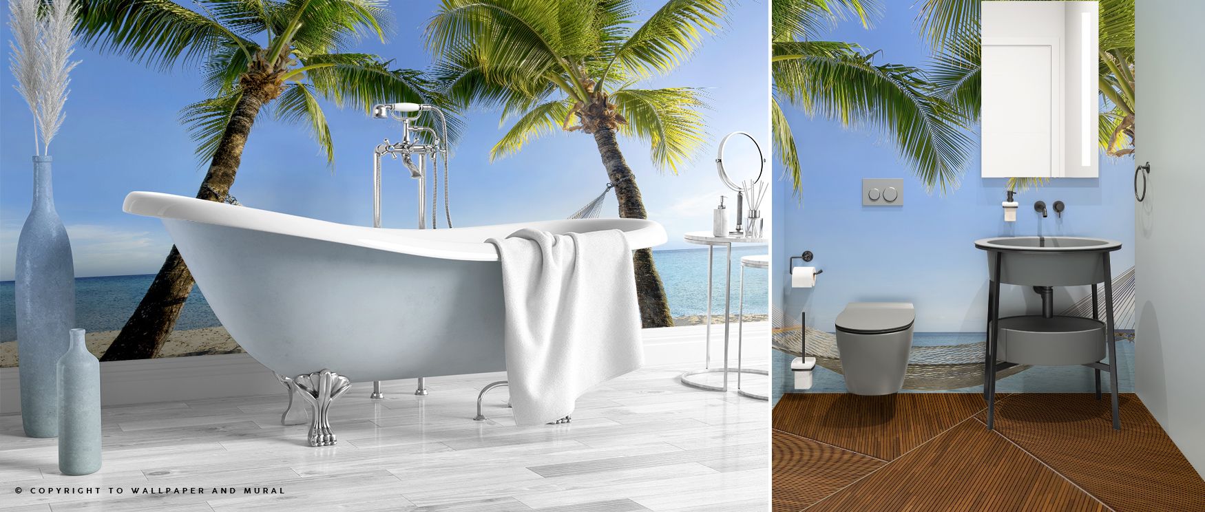 Tropical-themed bathroom with palm tree wallpaper, showcasing room-by-room bright wallpaper ideas for a relaxing oasis.