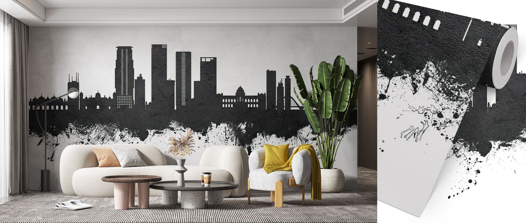 Urban wallpaper for commercial spaces featuring a black city skyline silhouette with artistic paint splashes on a textured background.