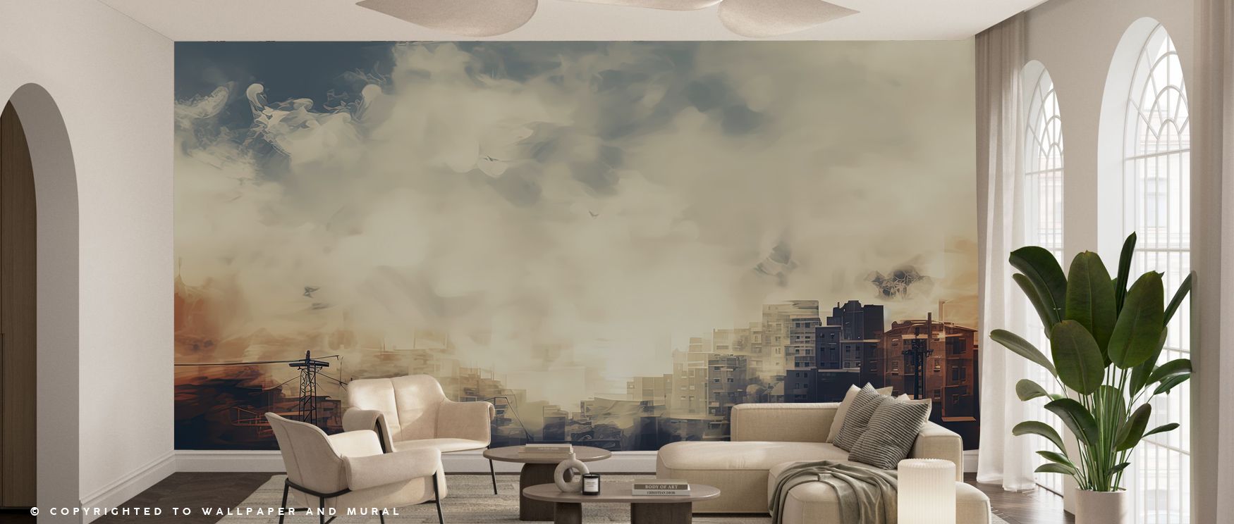Urban wallpaper for commercial spaces featuring a misty cityscape with hazy skies and silhouetted buildings.