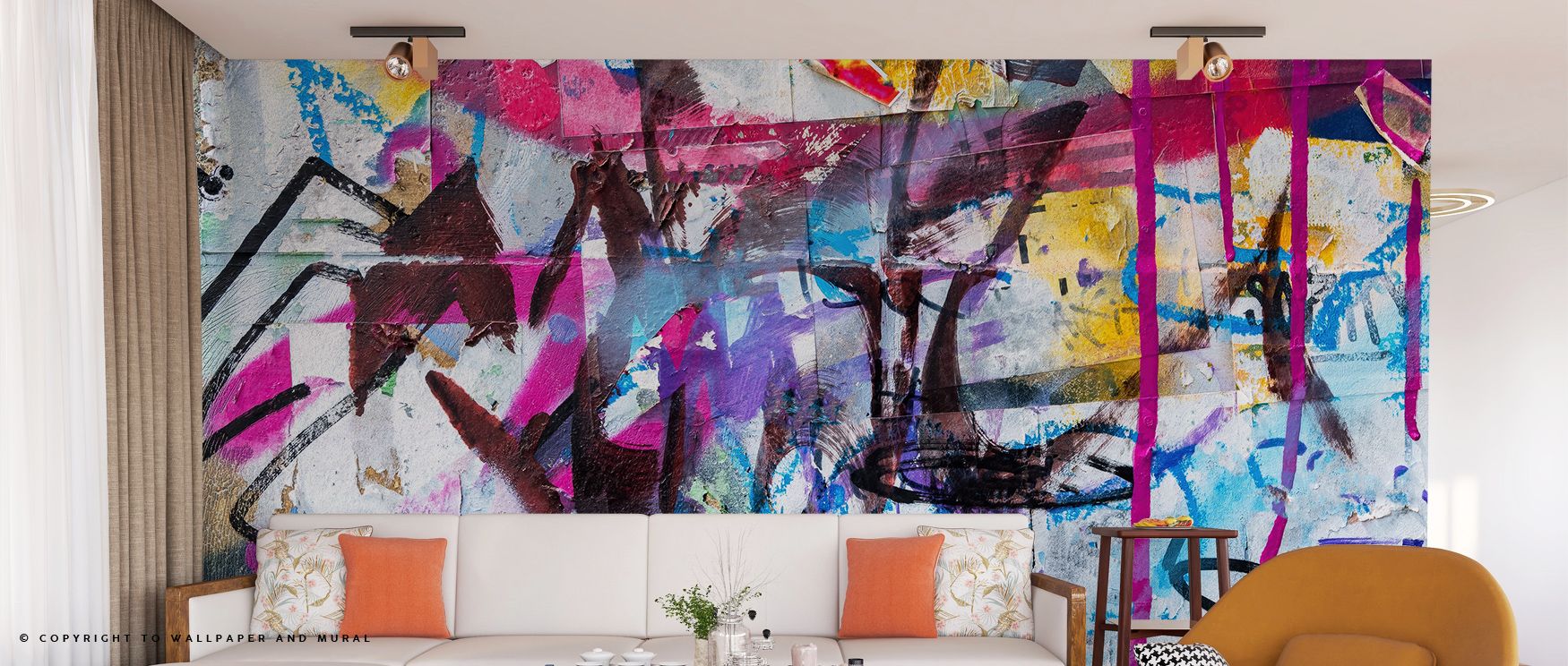 Vibrant abstract graffiti design, perfect urban wallpaper for commercial spaces to add bold, creative energy.
