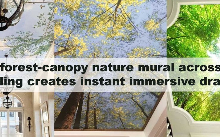 A forest-canopy nature mural across a ceiling creates instant immersive drama