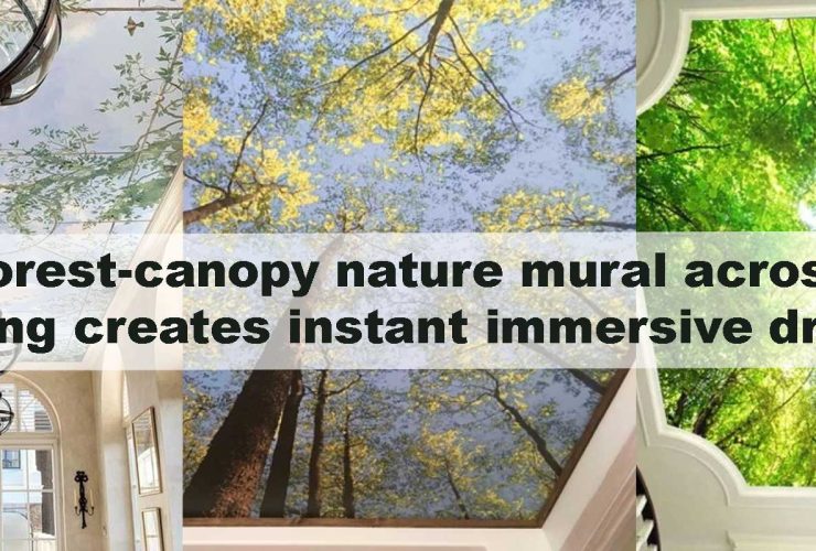 A forest-canopy nature mural across a ceiling creates instant immersive drama