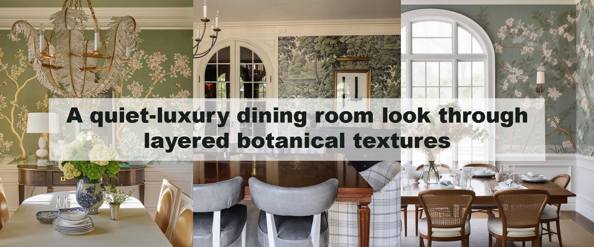 A quiet-luxury dining room look through layered botanical textures