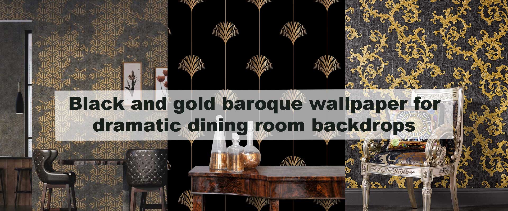 Black and gold baroque wallpaper for dramatic dining room backdrops
