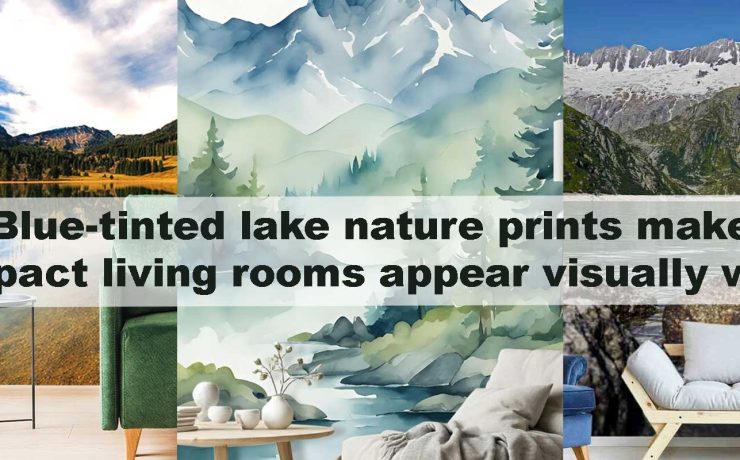 Blue-tinted lake nature prints make compact living rooms appear visually wider