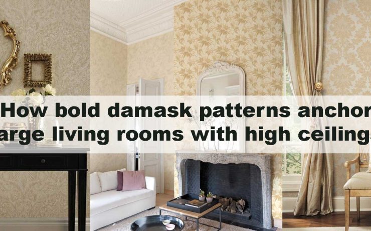 How bold damask patterns anchor large living rooms with high ceilings