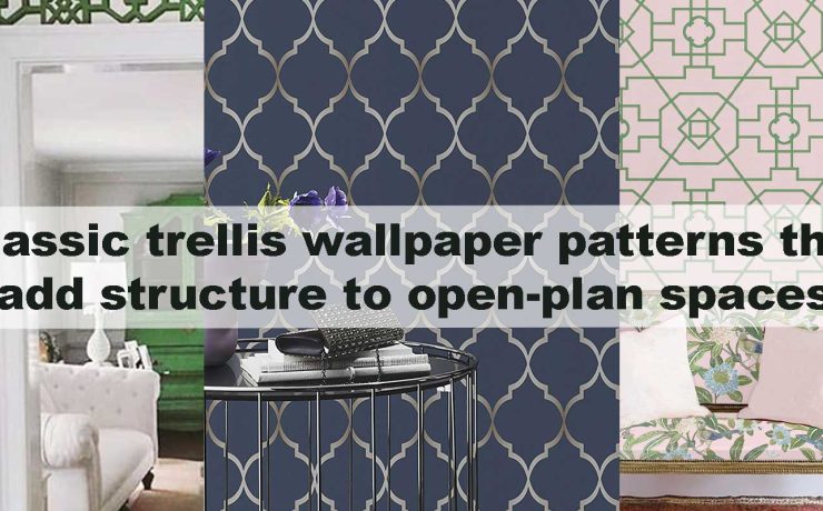 Classic trellis wallpaper patterns that add structure to open-plan spaces