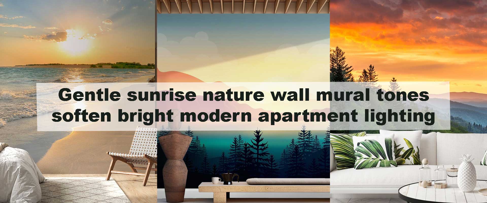 Gentle sunrise nature wall mural tones soften bright modern apartment lighting