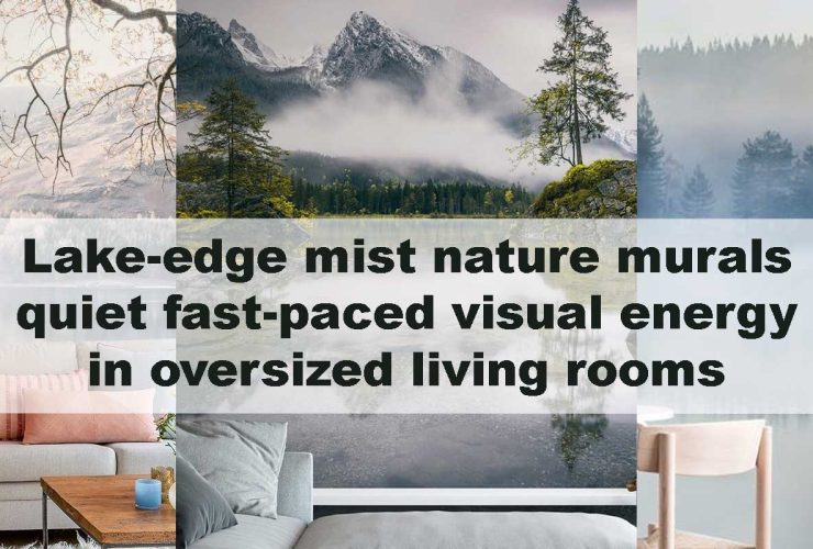 Lake-edge mist nature murals quiet fast-paced visual energy in oversized living rooms
