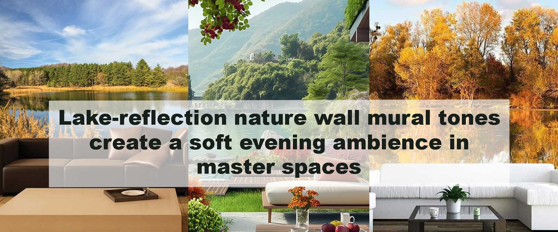 Lake-reflection nature wall mural tones create a soft evening ambience in master spaces