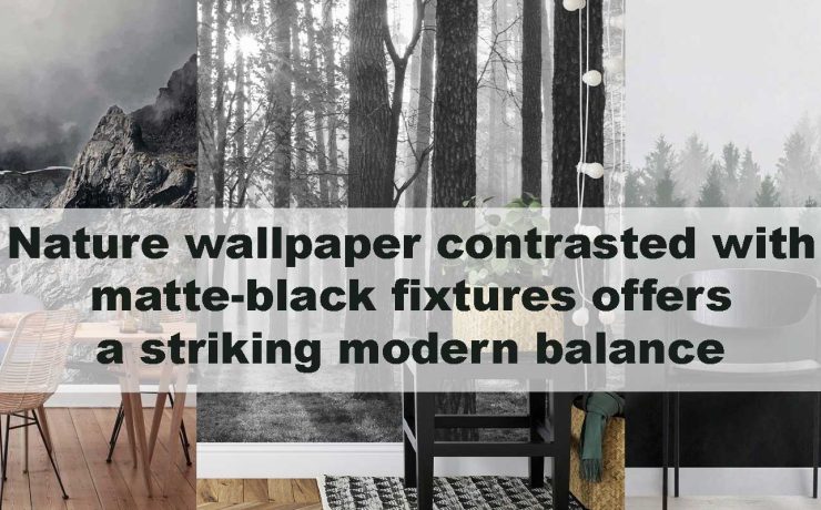 Nature wallpaper contrasted with matte-black fixtures offers a striking modern balance