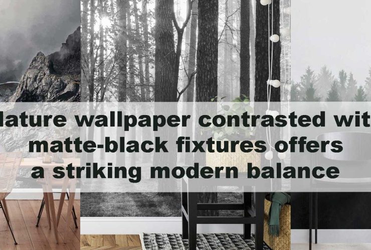 Nature wallpaper contrasted with matte-black fixtures offers a striking modern balance