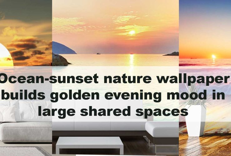 Ocean-sunset nature wallpaper builds golden evening mood in large shared spaces