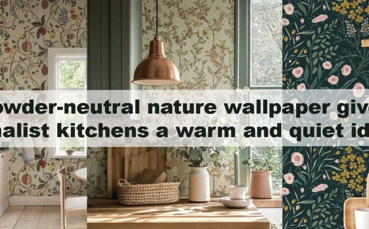 Powder-neutral nature wallpaper gives minimalist kitchens a warm and quiet identity