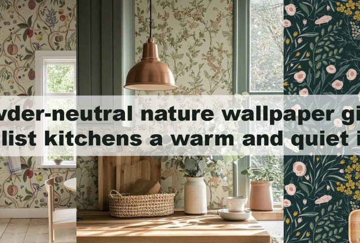 Powder-neutral nature wallpaper gives minimalist kitchens a warm and quiet identity