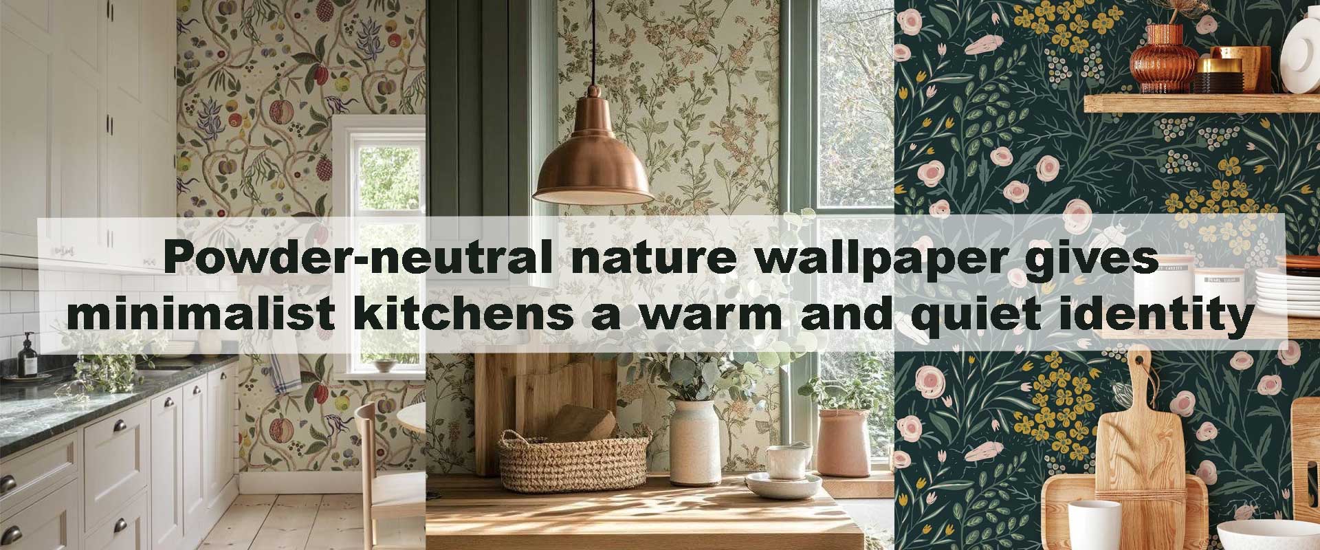 Powder-neutral nature wallpaper gives minimalist kitchens a warm and quiet identity