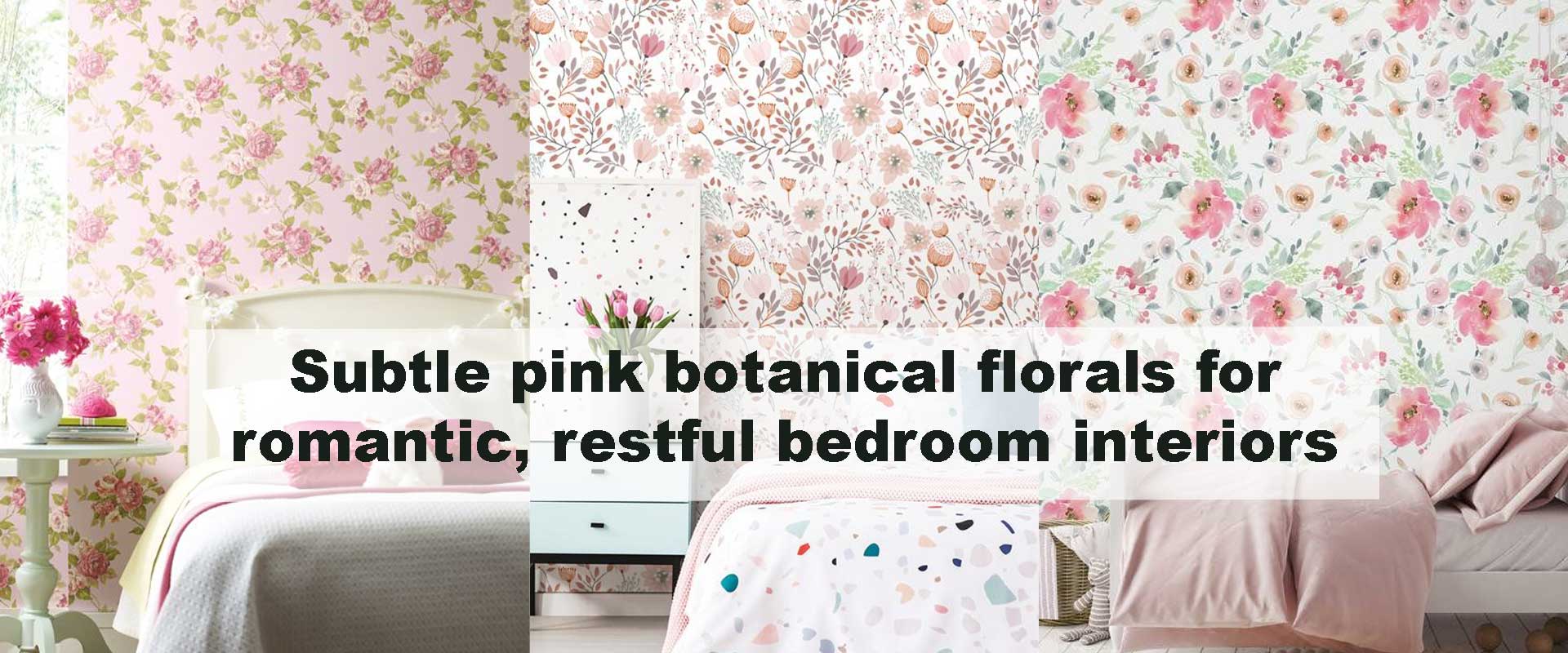 Subtle pink botanical florals for romantic, restful bedroom interiors