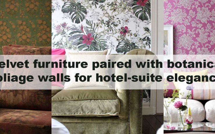 Velvet furniture paired with botanical foliage walls for hotel-suite elegance